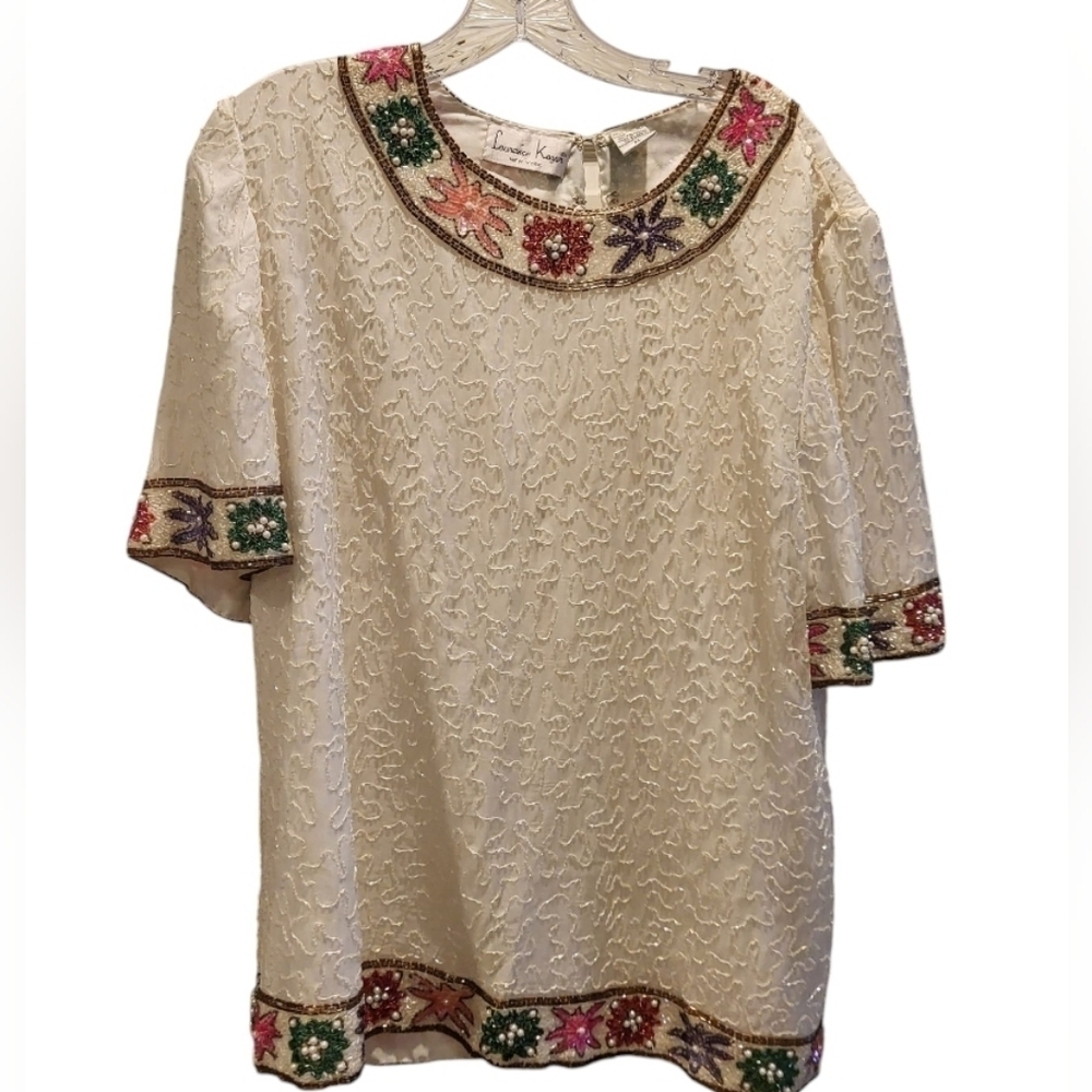 Vintage Lawrence Kazar New York Silk Beaded Cream Beaded Floral Top Size XL